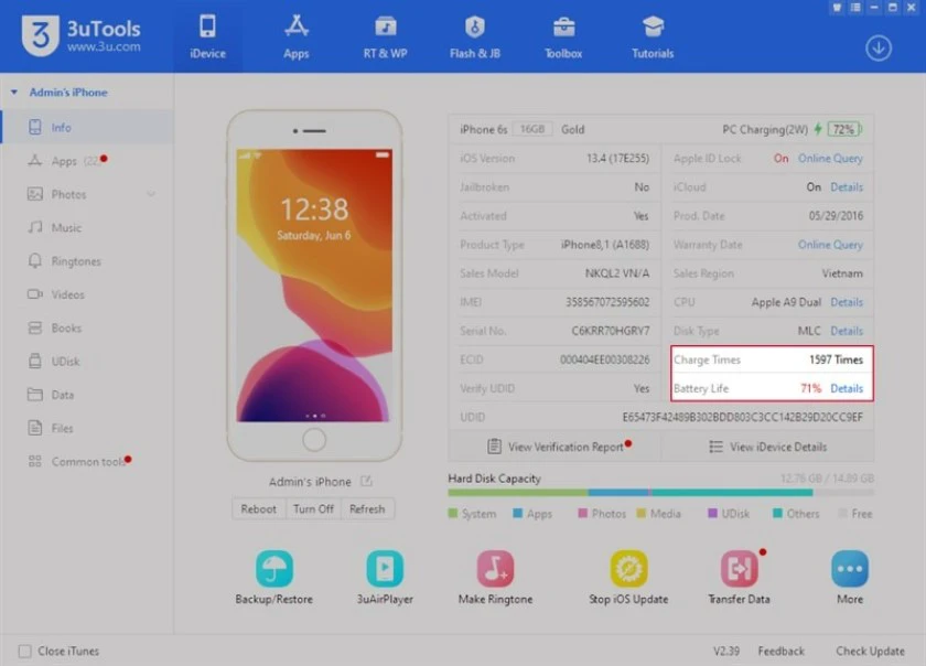 Kiểm ra độ chai pin iPhone bằng 3uTools