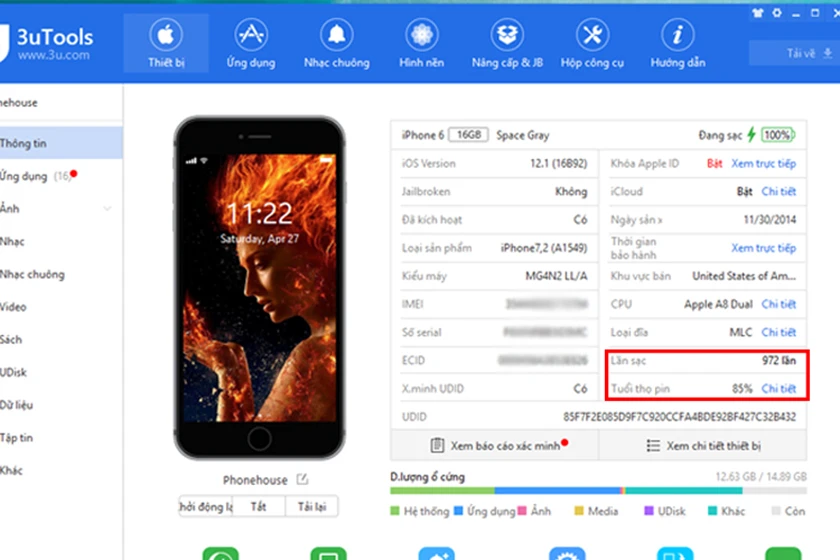 Kiểm tra số lần sạc pin iphone bằng 3utool