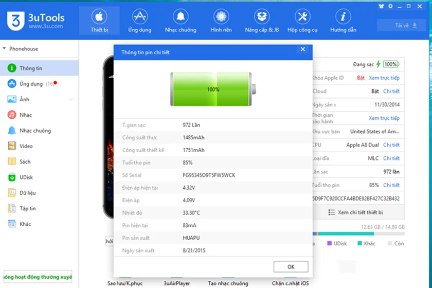 Kiểm tra số lần sạc pin iphone bằng 3utool