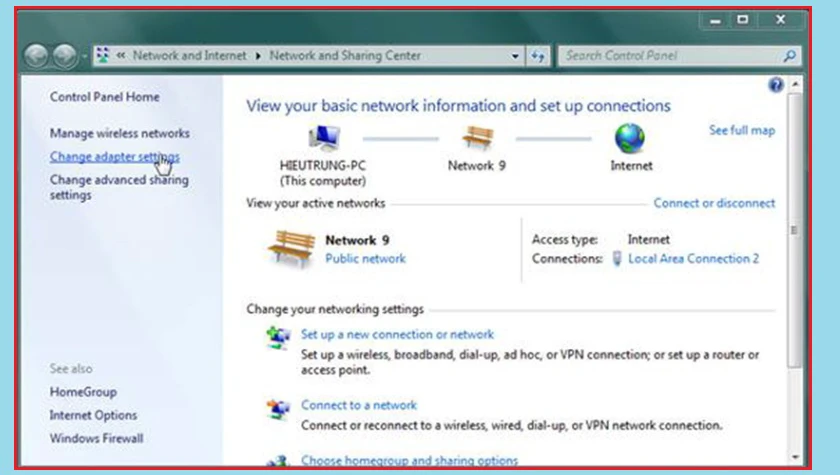 C&aacute;ch ph&aacute;t wifi từ laptop Win 7 cho điện thoại tr&ecirc;n Network AND Sharing Center