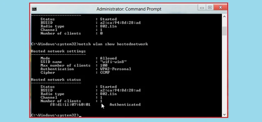nhập d&ograve;ng lệnh sau đ&acirc;y &ldquo;netsh wlan show hostednetwork&rsquo;&rsquo;