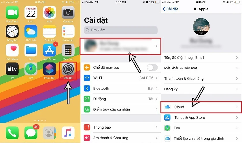 Click vào dòng iCloud