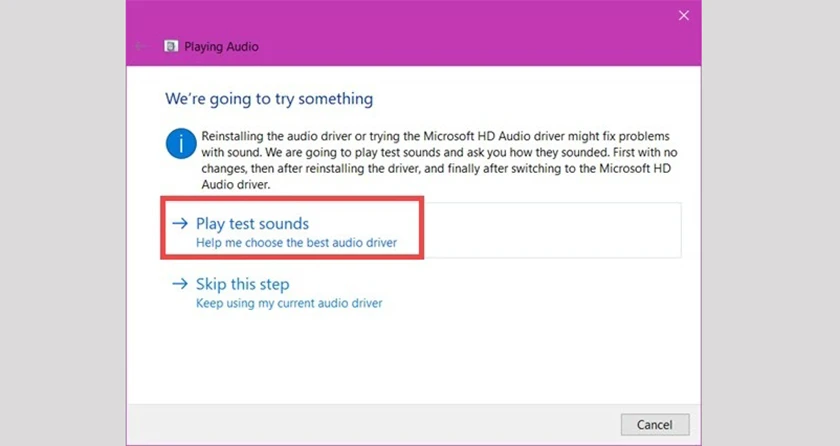 Chọn Play test sound để kiểm tra lại