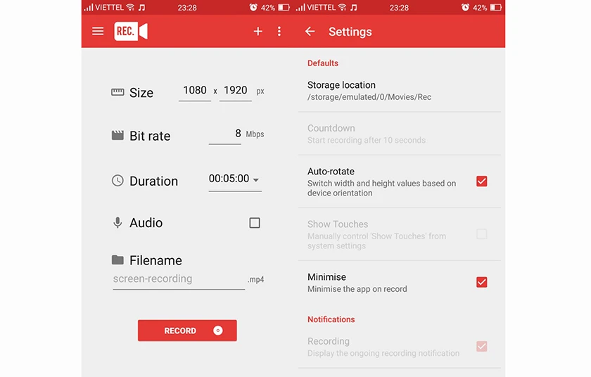 Ứng dụng quay m&agrave;n h&igrave;nh điện thoại Android REC