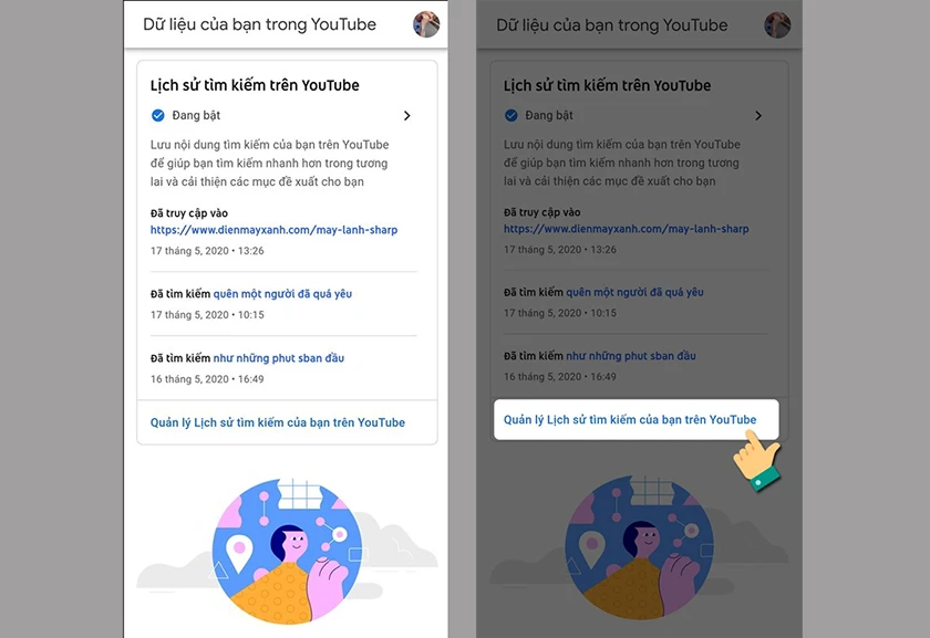 Chọn quản l&yacute; lịch sử t&igrave;m kiếm.