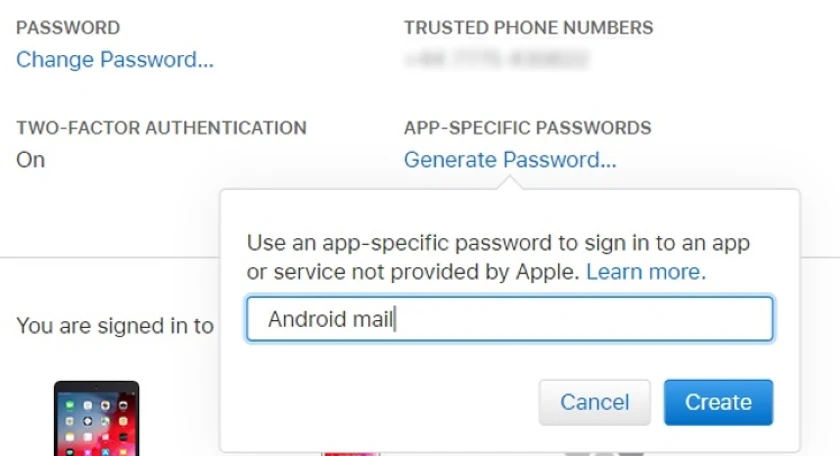 Nhập một m&ocirc; tả cho mật khẩu n&agrave;y v&agrave; bấm Create để đăng nhập icloud