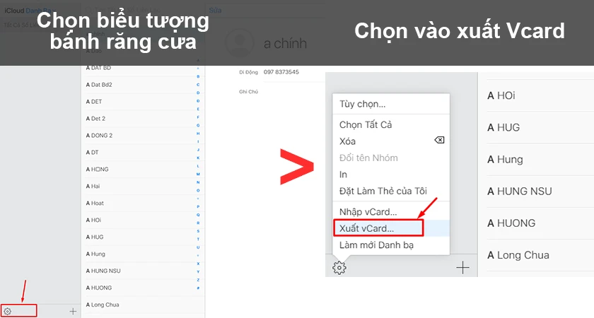 Ta chọn vào “Xuất danh bạ” hay “Export Contact”.
