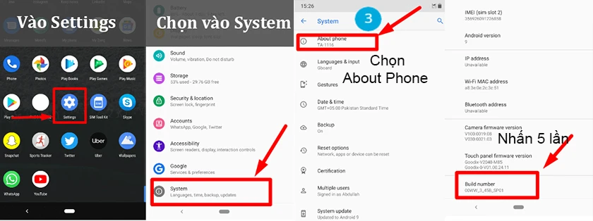 Vào cài đặt. Kéo đến phía dưới chọn About Phone → Sofware information → Nhấn 5 lần vào mục Build number