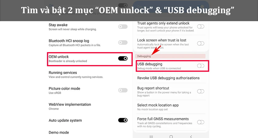 tìm đến mục USB debugging → Bật lên → Máy hiển thị bảng thông báo → Chọn OK.
