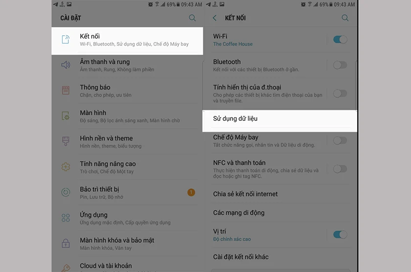 &agrave;i đặt bạn chọn v&agrave;o danh mục &ldquo;Kết nối&rdquo; sau đ&oacute; bật &ldquo;Dữ liệu di động&rdquo;