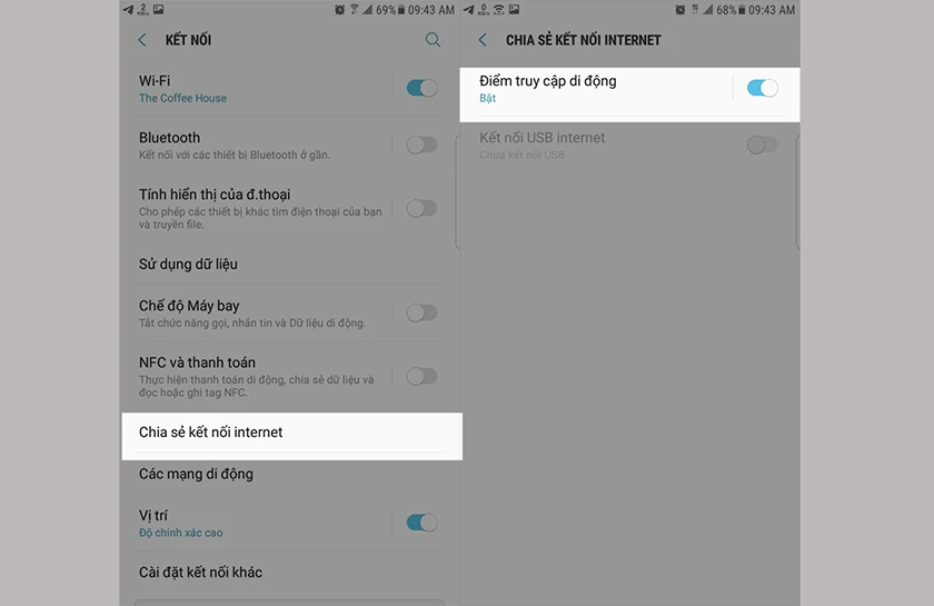 tiến h&agrave;nh bật &ldquo;Chia sẻ kết nối internet&rdquo; v&agrave; bật &ldquo;Điểm truy cập di động l&ecirc;n&rdquo;