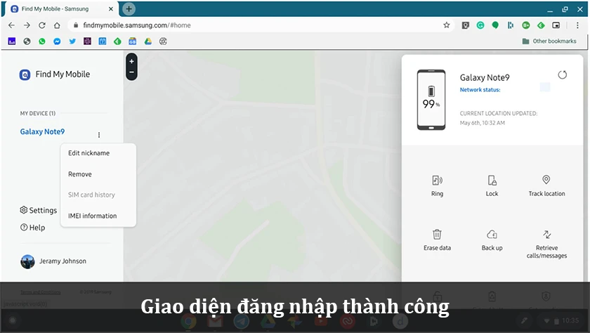 Lựa chọn thiết bị đã bật chức năng Find My Mobile