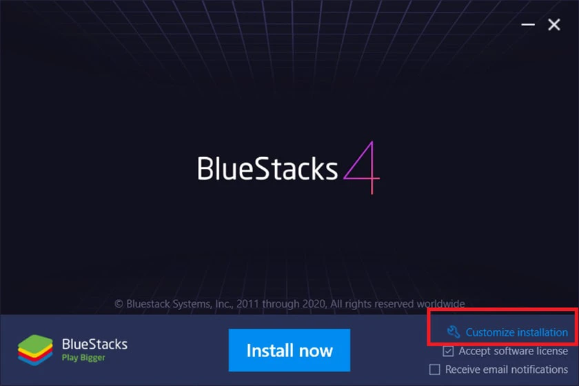 tick v&agrave;o mục Customize installation để tải ch play cho m&aacute;y t&iacute;nh