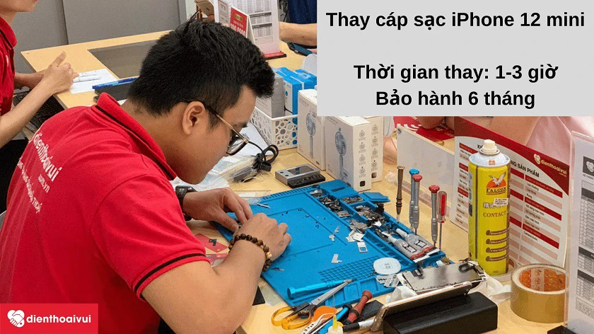 Dịch vụ thay cáp sạc iPhone 12 mini nhanh chóng, bảo hành 6 tháng tại Đi&ecirc;̣n Thoại Vui