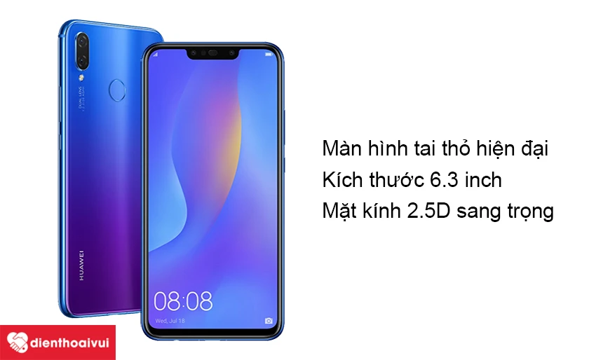 Huawei Nova 3i sở hữu m&agrave;n h&igrave;nh 6.3 inch với mặt k&iacute;nh cong 2.5D b&oacute;ng bẩy
