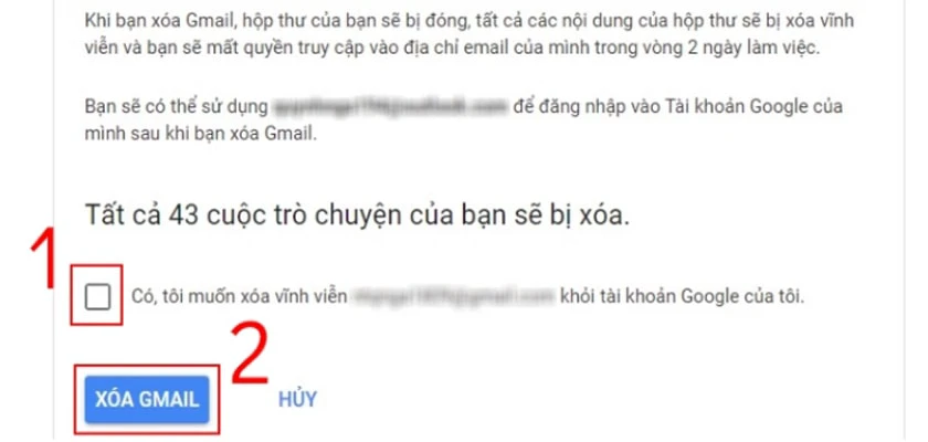 Tiến h&agrave;nh x&oacute;a t&agrave;i khoản Gmail