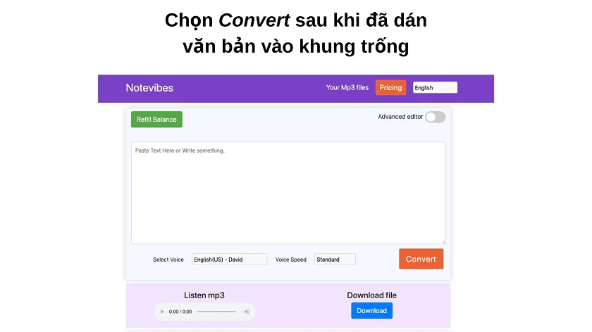 Chuyển văn bản th&agrave;nh giọng n&oacute;i tiếng Anh, tiếng Việt bằng trang web notevibes.com