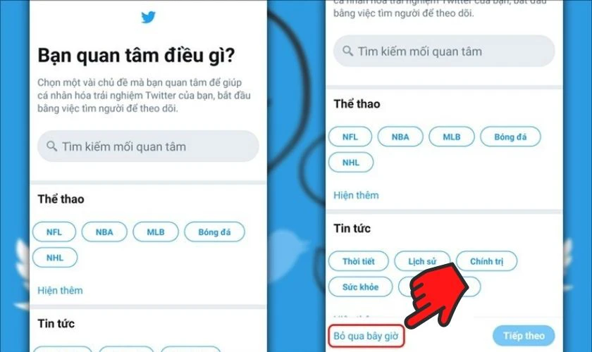 Chọn những mục gợi ý để tạo tài khoản twitter