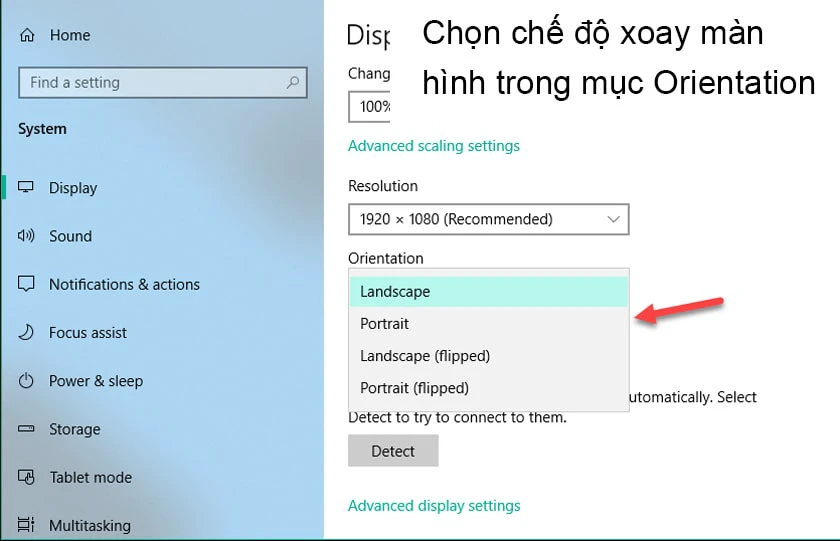 Orientation chọn mũi tên sổ xuống