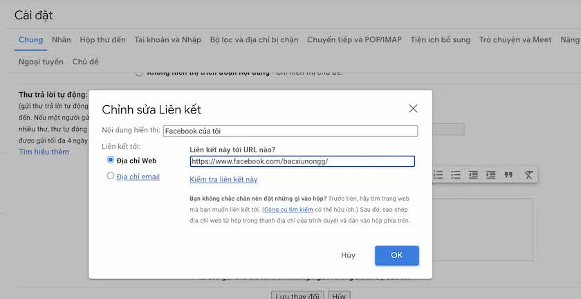 Ch&egrave;n đường link v&agrave;o chữ k&yacute; Gmail