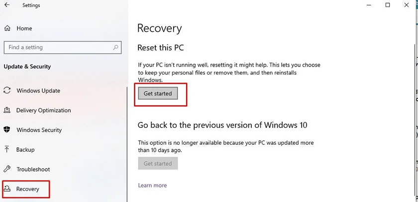 chọn vào Get started để reset máy tính win 10
