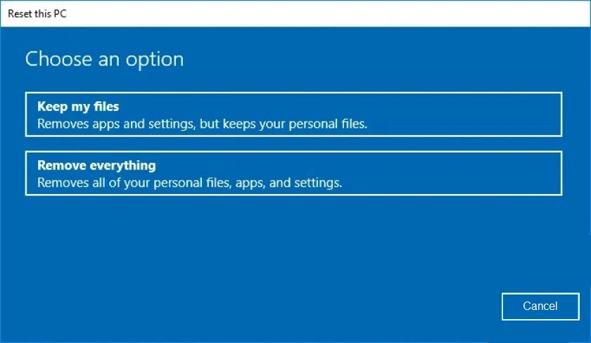 chọn Keep my files để reset lại máy tính