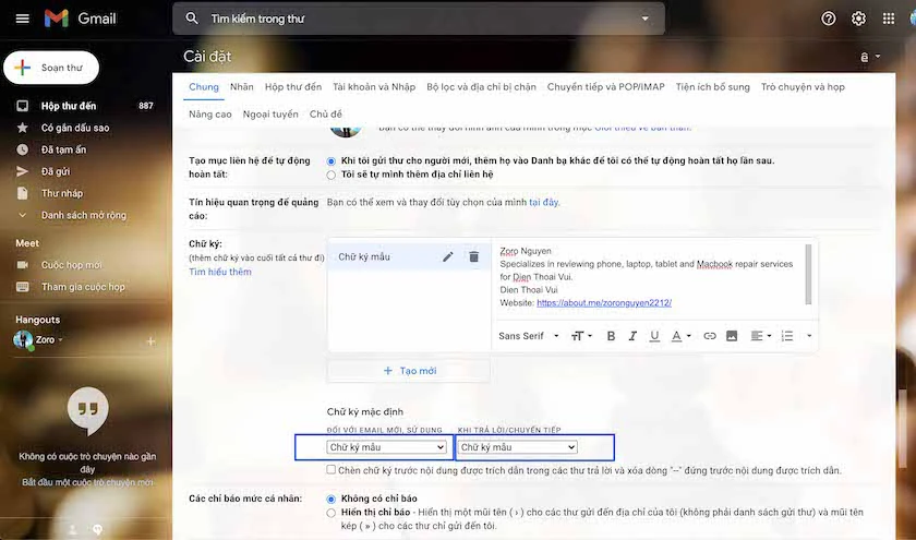 Chọn chữ k&yacute; sử dụng khi gửi mail, trả lời mail