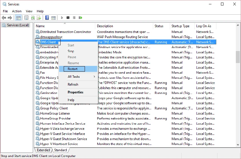 Khởi động lại DNS Client