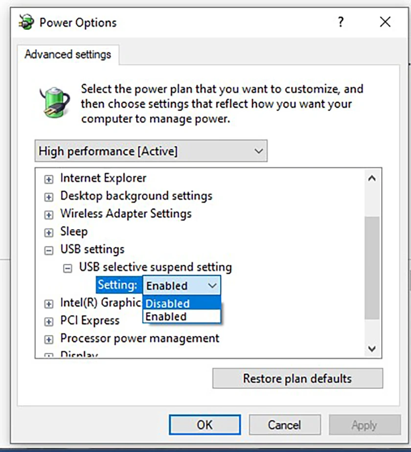 Vô hiệu hóa tính năng USB selective suspend settings - Bước 3, 4, 5
