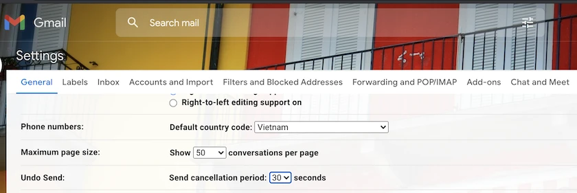 Chọn thời gian hoàn tác gửi trong Gmail