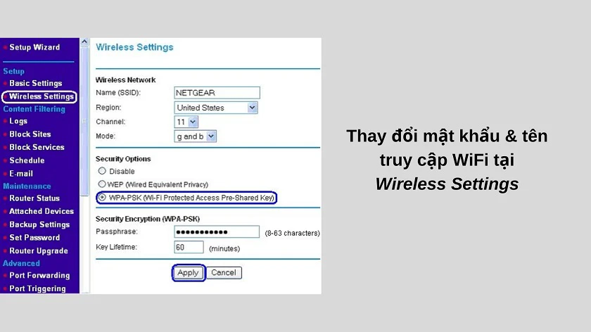 Wireless Settings hoặc Security Settings