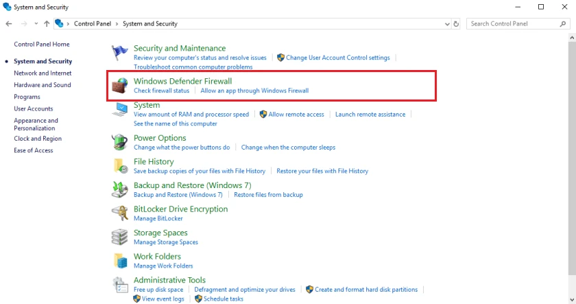 Chọn Windows Defender Firewall