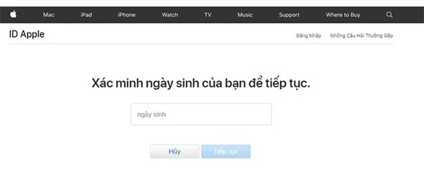 Trả lời ng&agrave;y &ndash; th&aacute;ng &ndash; năm sinh &rarr; Nhấn tiếp tục