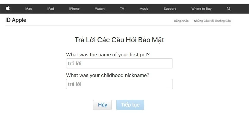 Trả lời hai c&acirc;u hỏi bảo mật kh&aacute;c