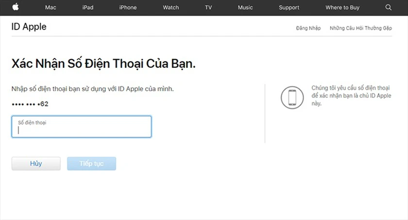 Nhập số điện thoại li&ecirc;n kết &rarr; Sau đ&oacute; nhấn tiếp tục khi qu&ecirc;n mật kh&acirc;u id apple