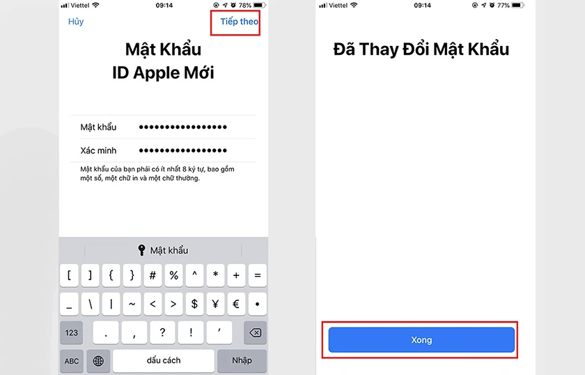Nhấn xong để ho&agrave;n tất khi qu&ecirc;n mật kh&acirc;u id apple