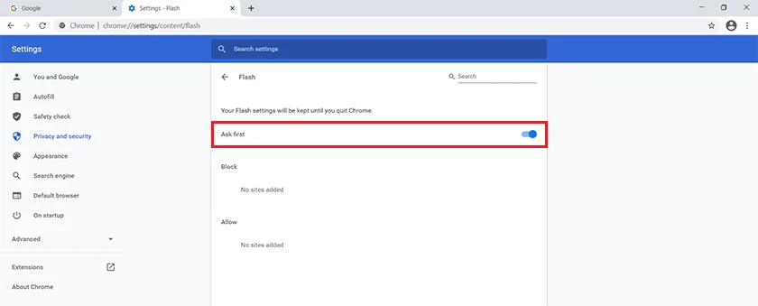 Kiểm tra Flash Player trên Google Chrome đã kích hoạt