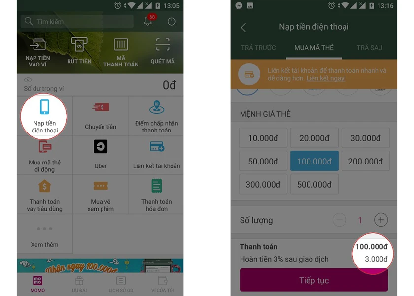 Hướng dẫn sử dụng v&iacute; Momo để mua m&atilde; thẻ điện thoại