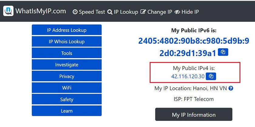Xem IP qua website WhatIsMyIP.com