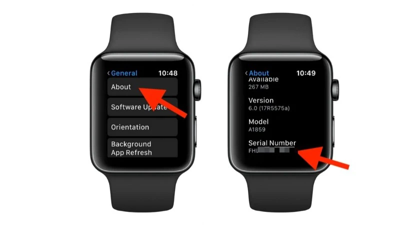 Hướng dẫn c&aacute;ch check (kiểm tra) imei, serial Apple Watch trong mục giới thiệu