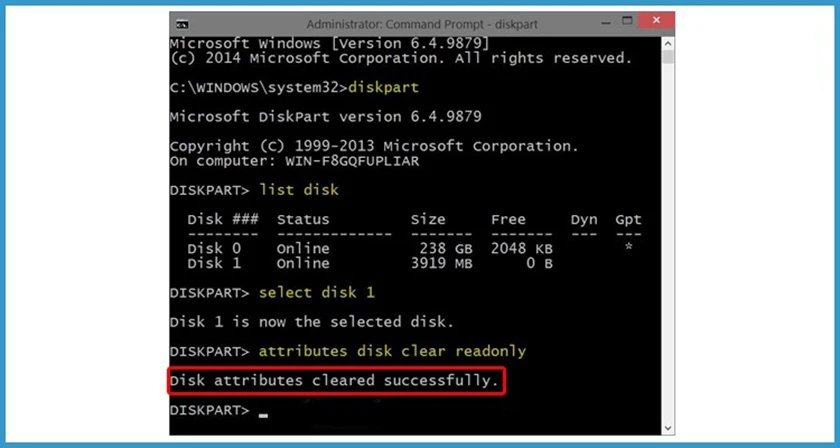 Sử dụng CMD để sửa lỗi the disk is write protected tr&ecirc;n usb