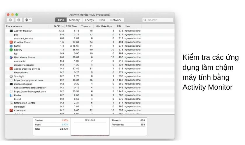 Sử dụng Activity Monitor kiểm tra