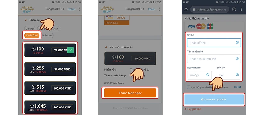 Nạp trên Credit Card