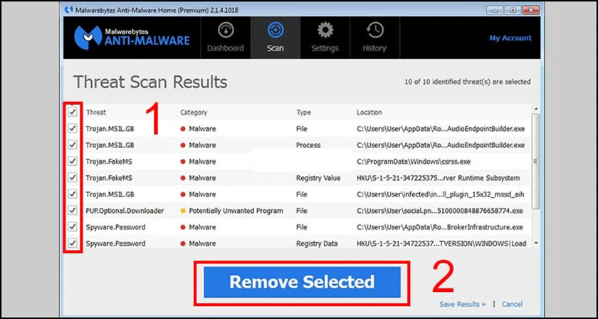 chọn những mục cần loại bỏ rồi nhấn Remove Selected
