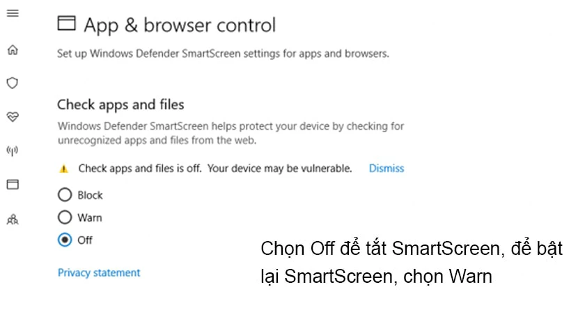 Tắt t&iacute;nh năng SmartScreen