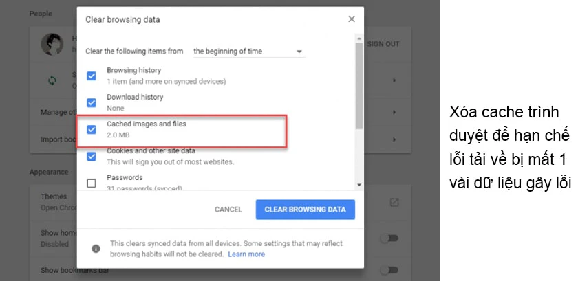 X&oacute;a cache tr&igrave;nh duyệt