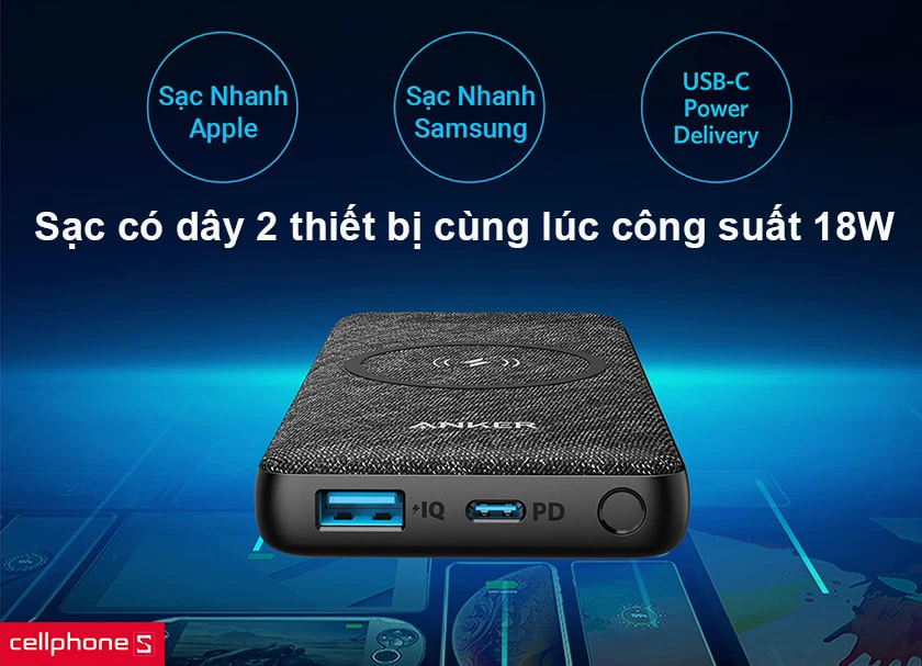 Sạc dự ph&ograve;ng Anker PowerCore III 10.000mAh Wireless với c&ocirc;ng suats 18W