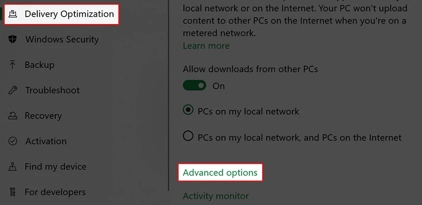 chọn Delivery Optimization &rarr; Advanced Options.&nbsp;