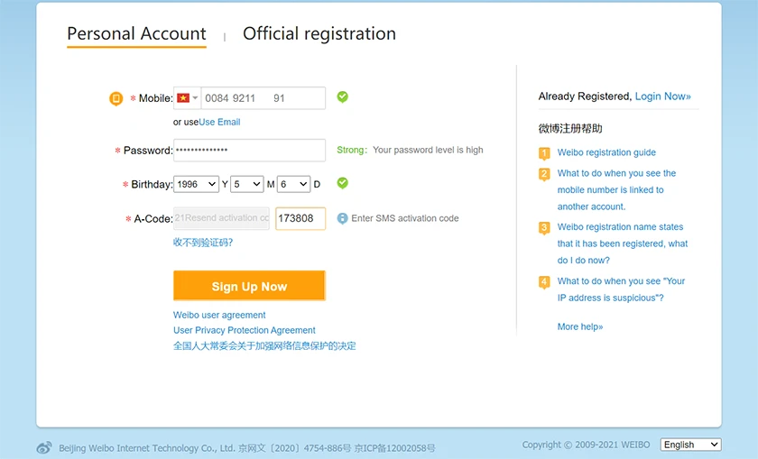 nhấn Sign up now để tạo tài khoản weibo.