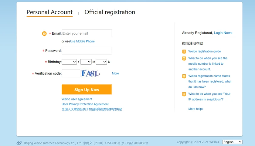 Hướng dẫn đăng ký Weibo bằng gmail